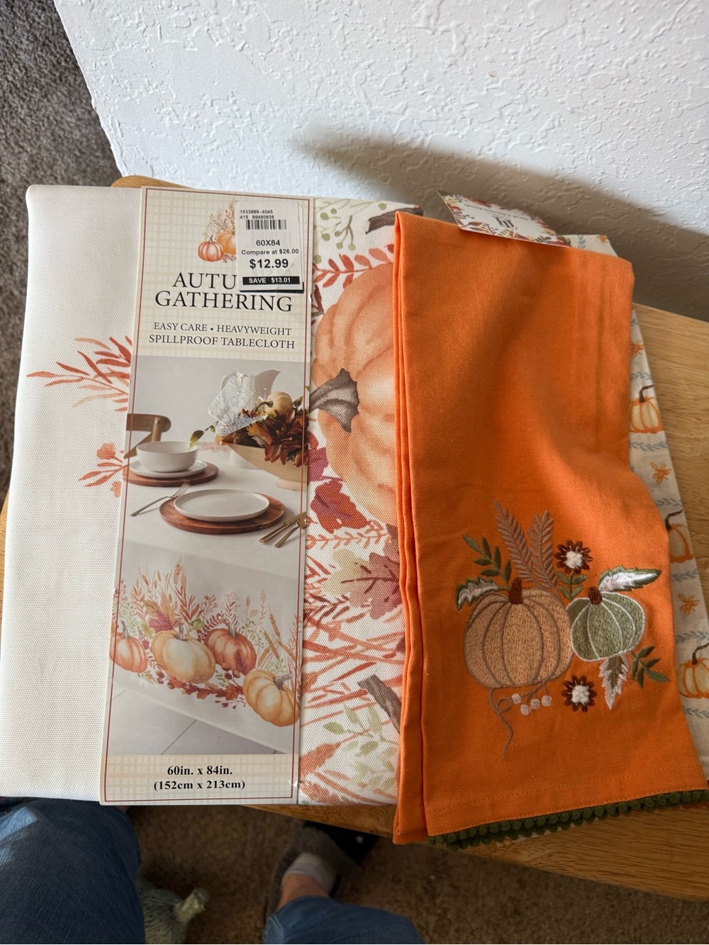 Autumn Gathering Orange Pumpkin Embroidered Dishtowels and Tablecloth Set